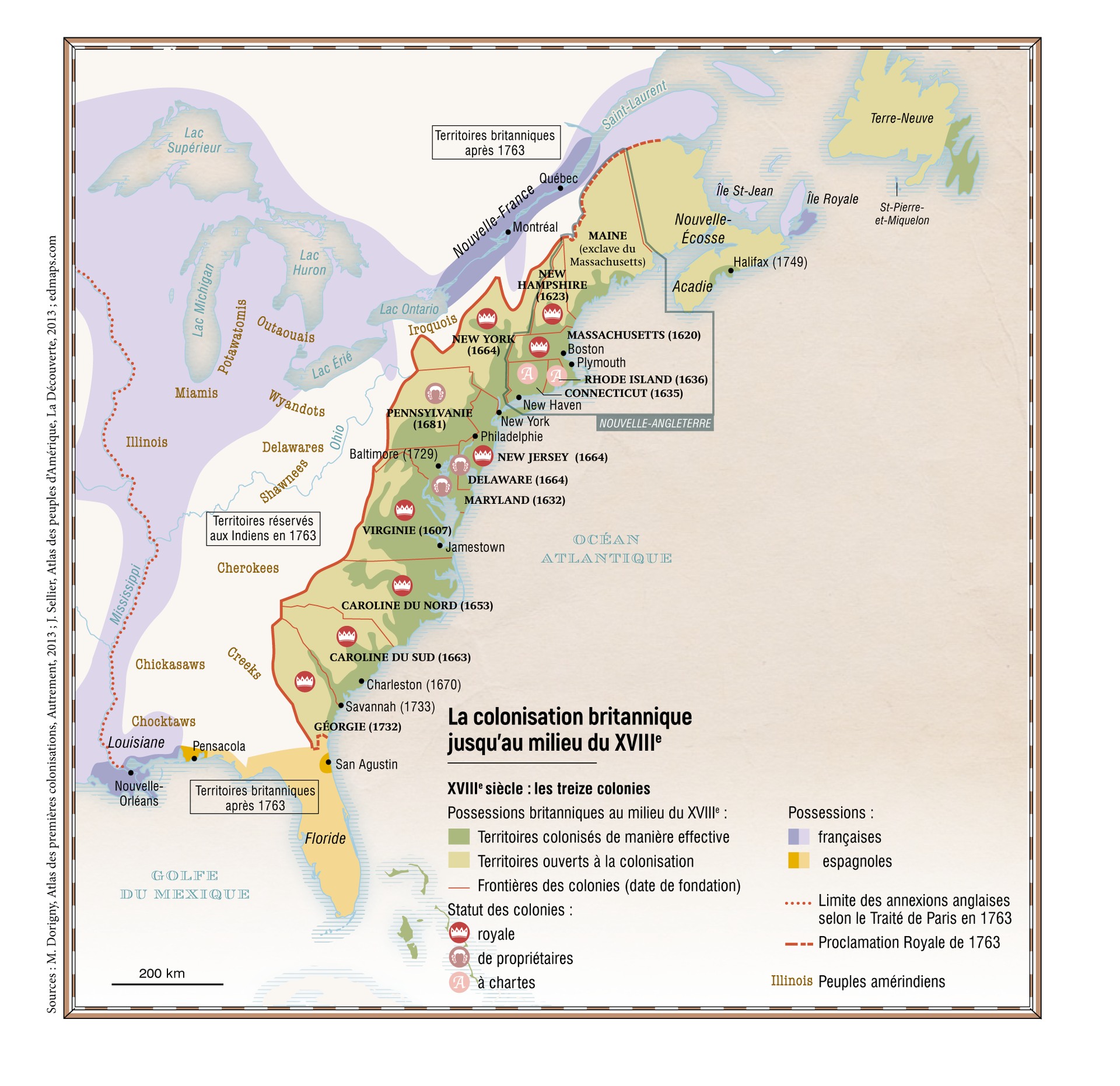 la colonisation britannique entre 1607 et 1732 sur la côte est de l'Amérique du Nord