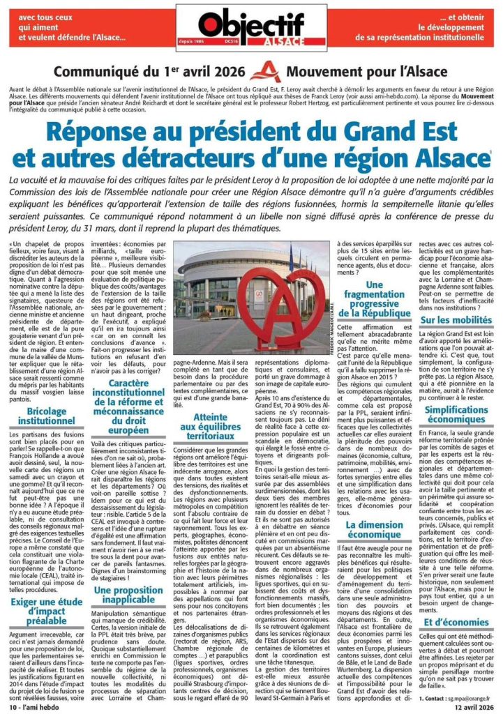 région alsace, réponse au président du grand est , communiqué du mouvement pour l'alsace