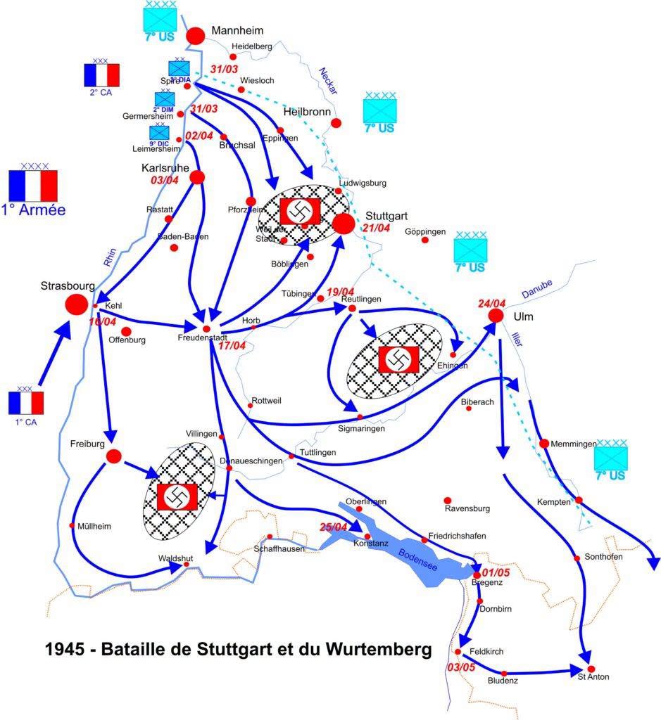 en avril 1945, de Lattre va appliquer les leçons de Leclerc dans la bataille de Stuttgart et du Wurtemberg.